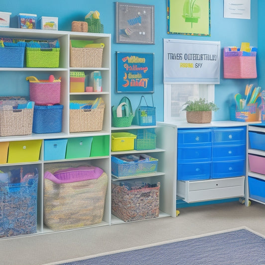 A tidy classroom closet with shelves, baskets, and bins, showcasing labeled storage units, colorful folders, and neatly arranged school supplies, with a few plants and a fun rug adding a pop of color.