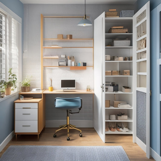 A clutter-free studio closet with a pegboard on the back of the door, a three-tiered shelving unit, and a built-in desk with a sleek, modern chair.