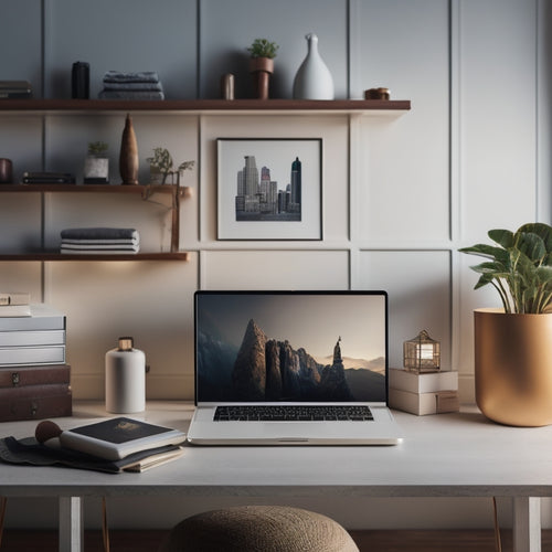 A minimalist illustration of a laptop open to a virtual closet organizer, surrounded by miniature furniture and home decor items, with a subtle cityscape or house silhouette in the background.