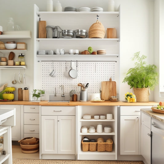 A bright, white, and airy small kitchen with a mix of open and closed storage, featuring a pegboard with hanging utensils, a tiered spice rack, and a roll-out trash can hidden behind a cabinet door.