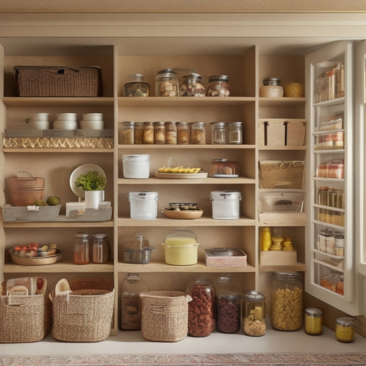 A tidy pantry with 5 adjustable shelves made of natural wood, adorned with ornate metal brackets, holding an assortment of colorful jars, baskets, and kitchen gadgets, against a soft, creamy background.