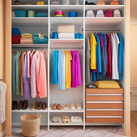 A bright, organized walk-in closet with a mix of open shelves, drawers, and hanging rods, showcasing a rainbow of clothes, shoes, and accessories, with a calm, minimalist aesthetic.