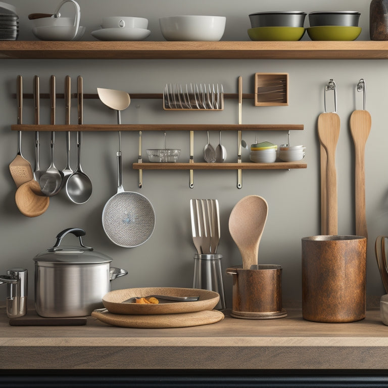 A tidy kitchen counter with a wooden utensil organizer, a ceramic utensil holder, a stainless steel utensil tray, and a wall-mounted utensil rack, each filled with various kitchen utensils.