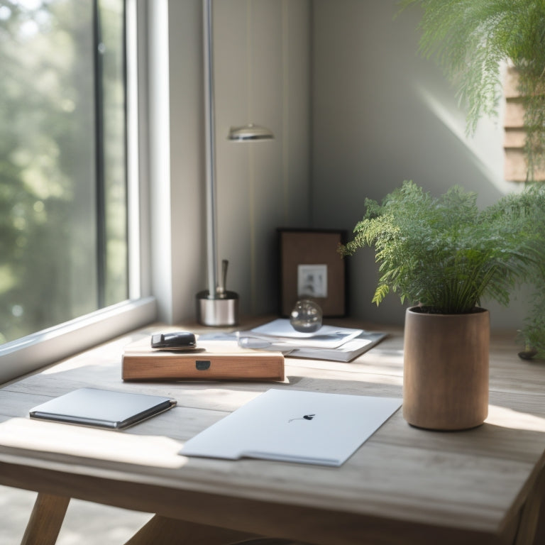 A serene, minimalist workspace with a wooden desk, a single, elegant pen, and a few, neatly arranged folders, surrounded by a subtle, calming greenery background and soft, natural light.