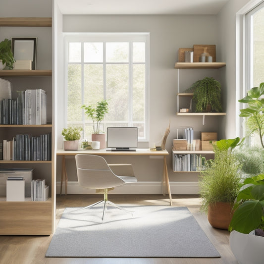 A serene, minimalist home office with a tidy desk, a few strategically placed plants, and a floor-to-ceiling bookshelf filled with color-coded binders and storage bins, illuminated by warm, natural light.