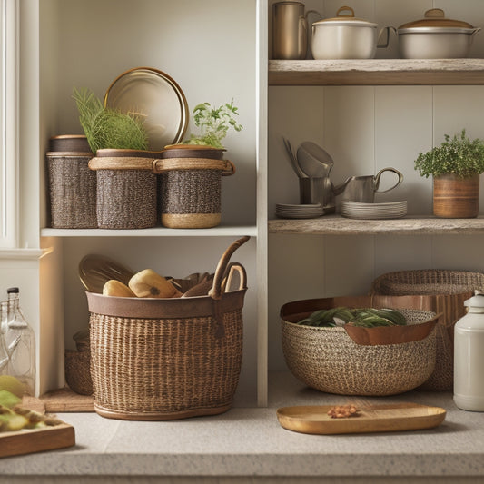 A tidy kitchen shelf with cookbooks stacked horizontally, a woven basket holding utensils, a vintage-inspired metal canister set, and a few carefully arranged decorative ceramics in a soft, natural light.