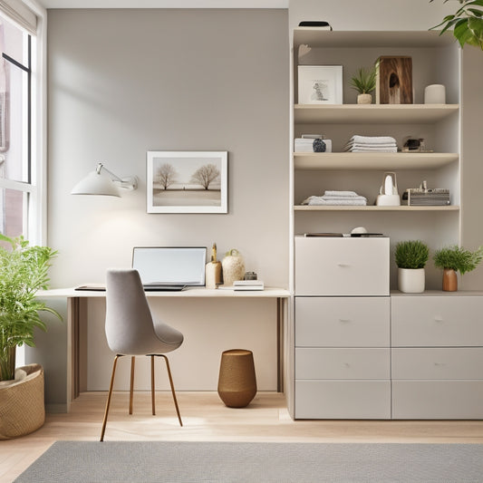 A clutter-free, modern studio apartment with a sleek, wall-mounted shelving unit, a compact, space-saving desk, and a minimalist, multi-functional storage ottoman, all in a calming, neutral color palette.
