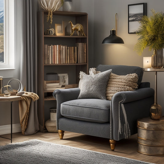A cozy, well-lit corner in a modern home with a sleek, silver carousel shelf unit, holding various decorative items and books, surrounded by a plush rug and a comfortable armchair.
