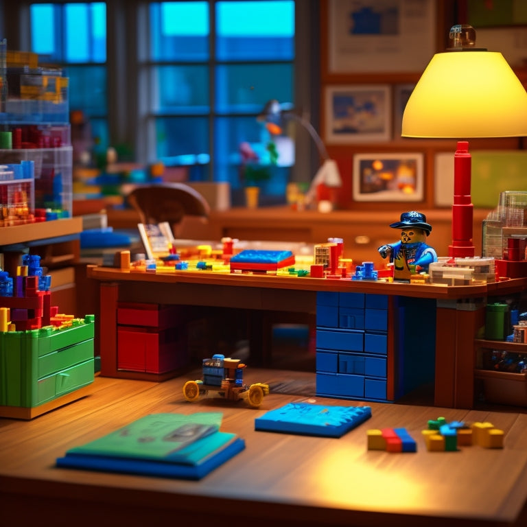 A tidy, well-lit workspace with a large, wooden desk in the center, surrounded by neatly stacked LEGO instruction manuals, color-coded folders, and a few built LEGO models.