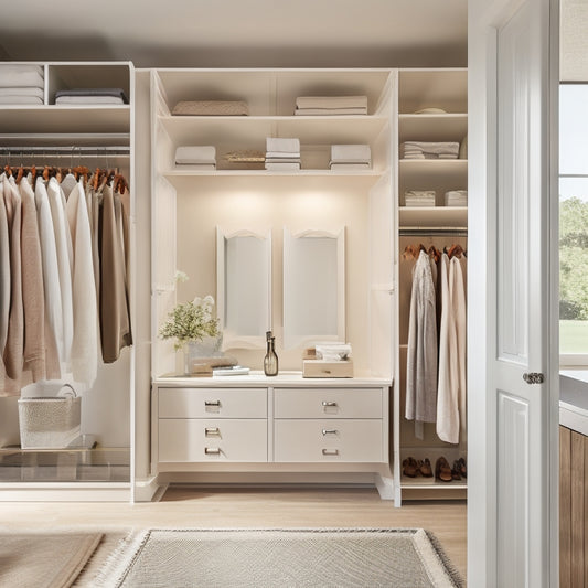 A serene, modern walk-in closet with cream-colored walls, polished chrome fixtures, and a mix of shelving, drawers, and hanging rods, illuminated by soft, natural light filtering through a large window.