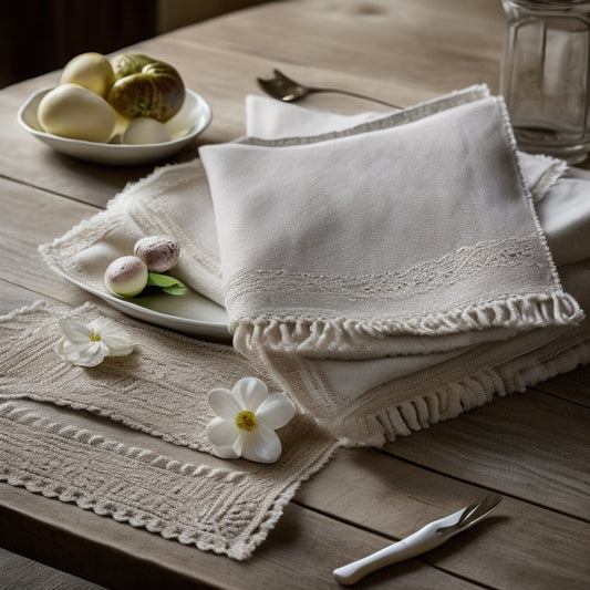 A still life composition featuring a set of crisp, white, scalloped-edge napkins with intricate stitching, arranged artfully on a rustic wooden table, surrounded by scattered threads and a few loose stitches.