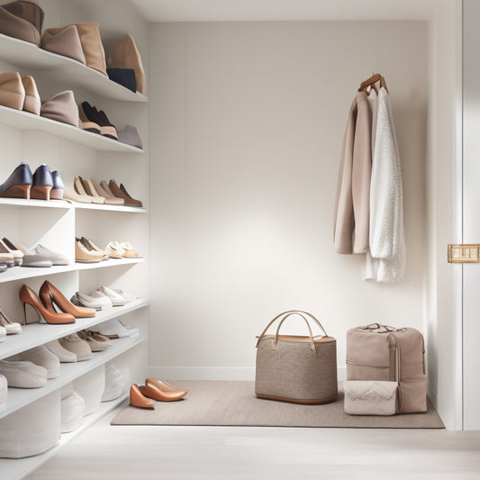 A serene, minimalist closet interior with neatly arranged shoes on floor-to-ceiling shelves, baskets filled with rolled socks, and a few elegant handbags suspended from hooks on a neutral-colored wall.