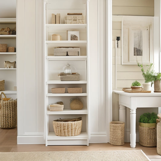 An airy, well-lit stairway with built-in shelves and cabinets in a minimalist style, showcasing organized storage of baskets, books, and decorative items, against a soft, cream-colored wall.