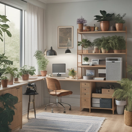 A tidy home office with a wall-mounted shelving unit, a desk with built-in drawers, and a file organizer on the floor, surrounded by a few potted plants and a minimalist chair.