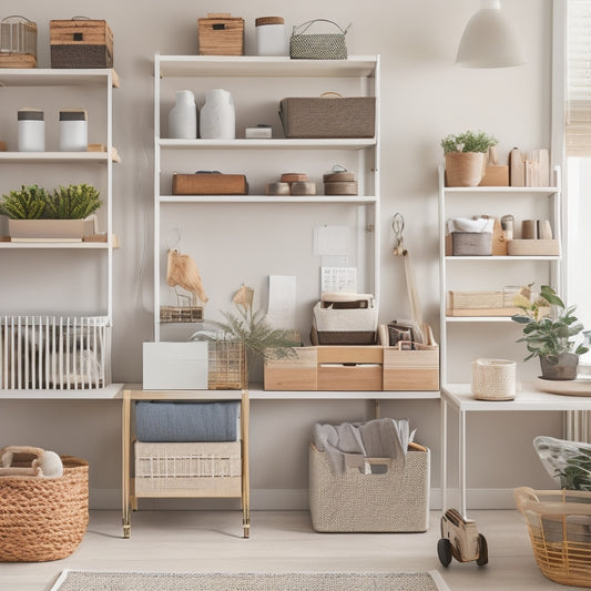 A stylized, minimalist workspace with a mix of wooden and metal shelves, baskets, and bins in a neutral color palette, showcasing various DIY home organization system kits in a tidy, clutter-free arrangement.