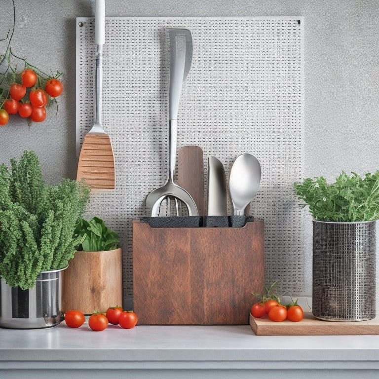 A minimalist kitchen utensil organizer with a wooden countertop, stainless steel containers, and a pegboard holding a chef's knife, spatula, and tongs, surrounded by a few cherry tomatoes and fresh herbs.