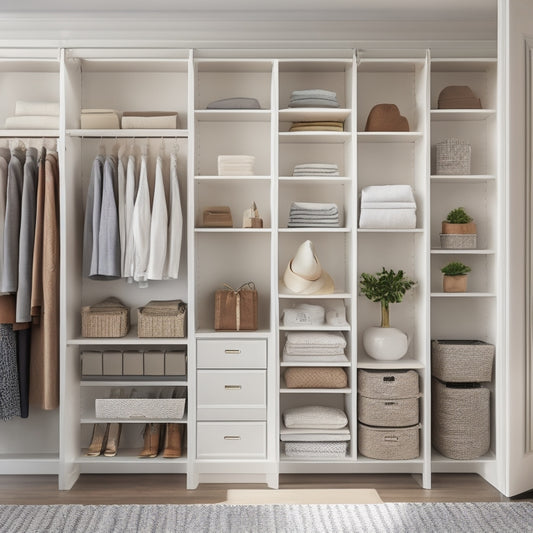 A serene, well-lit, and minimalist closet interior with a few, neatly arranged garments on double rods, surrounded by sleek, floor-to-ceiling shelves and compartments, and a few, thoughtfully placed baskets.