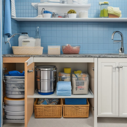A clutter-free under-sink area with a pull-out drawer, baskets, and a pegboard on the back of the cabinet door, featuring a small trash can, cleaning supplies, and a roll of paper towels.