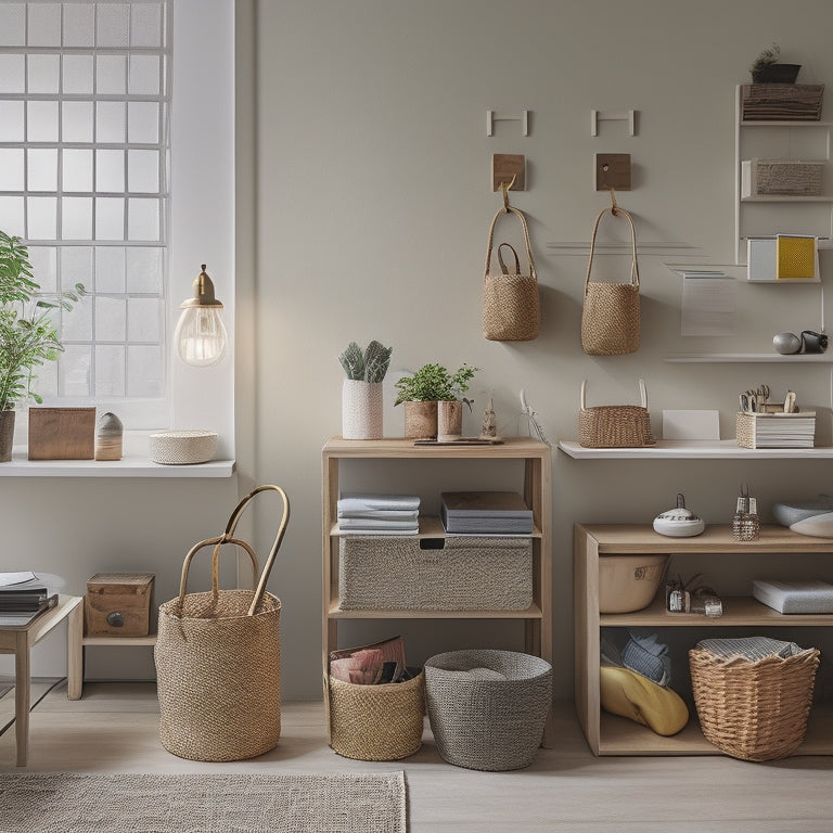 A serene, well-lit room with a minimalist aesthetic, featuring a wall-mounted shelving system, labeled baskets, and a tidy desk with a calendar and a few, carefully placed decorative objects.