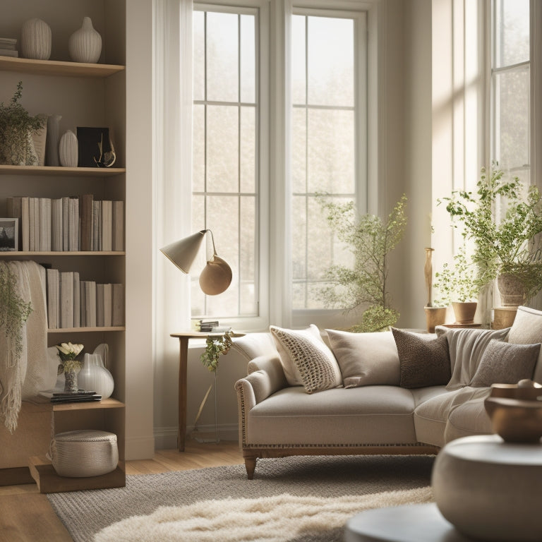 A serene, minimalist living room with a few, carefully-placed decorative items, a tidy bookshelf, and a subtle, natural color palette, illuminated by warm, soft light streaming through a large window.