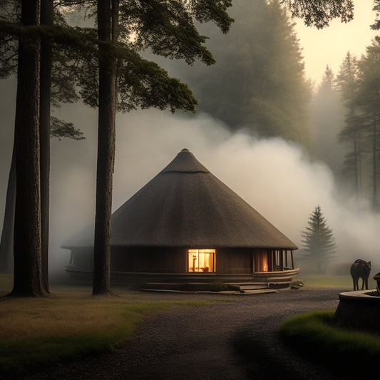 A serene, misty morning scene featuring a traditional Haudenosaunee Longhouse with a curved, bark-covered roof, surrounded by tall trees, with smoke gently rising from the central fire pit.