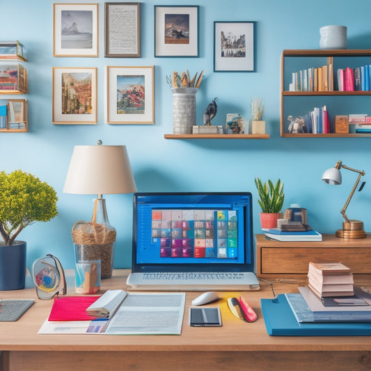 A serene and organized home office with a clutter-free desk, a laptop open to a digital calendar, a tablet displaying a task list, and a smartphone next to a neatly arranged collection of colorful folders.