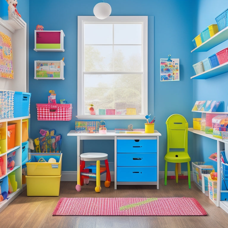 A colorful, clutter-free playroom with labeled storage bins, a kid-sized desk with organized school supplies, and a wall-mounted calendar with fun stickers.