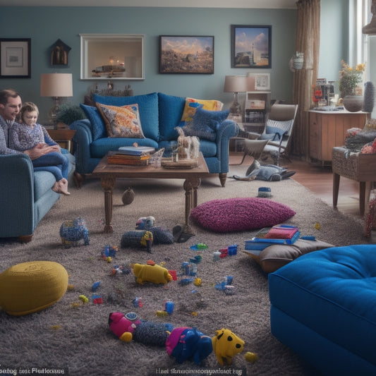 A warm and cluttered living room with toys, books, and remotes scattered across the floor, a frazzled parent in the background, surrounded by smart home devices and a tablet with a calm, organized interface.