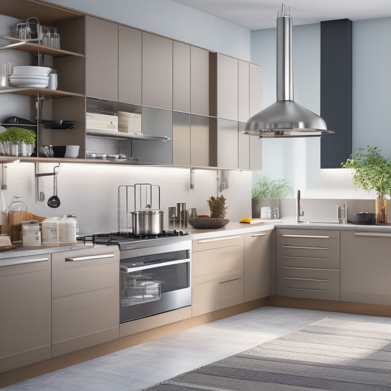 A modern kitchen with a compact cooking station, featuring a wall-mounted pot rack, retractable kitchen utensil holder, and a slide-out spice rack, surrounded by sleek, minimalist cabinetry and a stainless steel countertop.