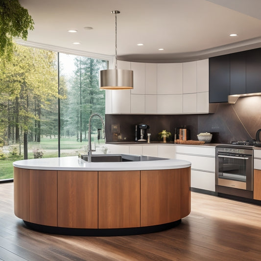 A modern, minimalist kitchen with a curved corner space island featuring a built-in sink, pendant lights, and a waterfall countertop, surrounded by sleek, high-gloss cabinets and a hardwood floor.