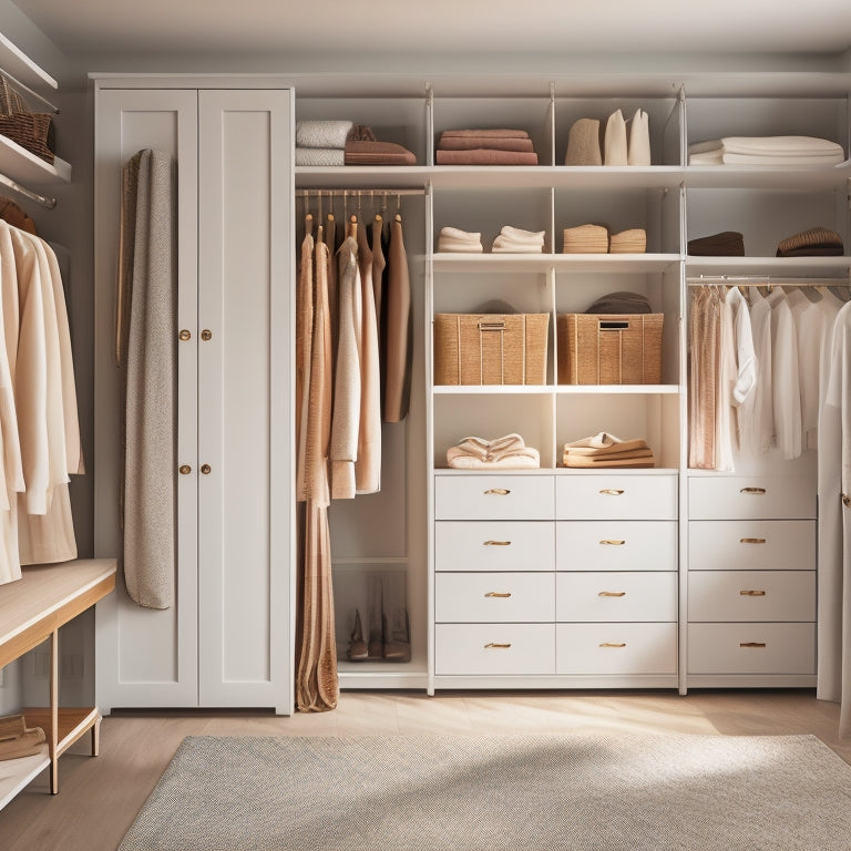 A serene, minimalist closet interior with soft, warm lighting, featuring a mix of open shelving, drawers, and hanging rods, all neatly organized with clothes, shoes, and accessories in a harmonious color palette.