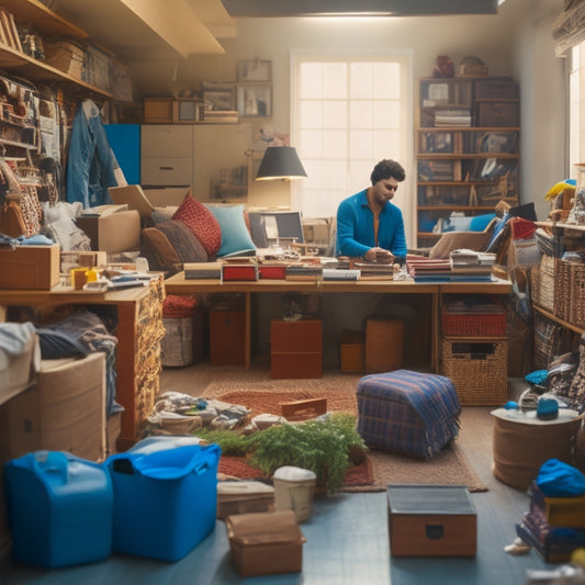 A cluttered room with overflowing shelves and scattered items, contrasted with a clean and organized space in the background, featuring a few neatly arranged boxes and a satisfied person relaxing nearby.