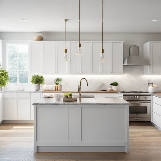 A minimalist, L-shaped kitchen with a compact island featuring a built-in sink, butcher-block countertop, and three pendant lights above, surrounded by sleek, white cabinets and a neutral-toned backsplash.