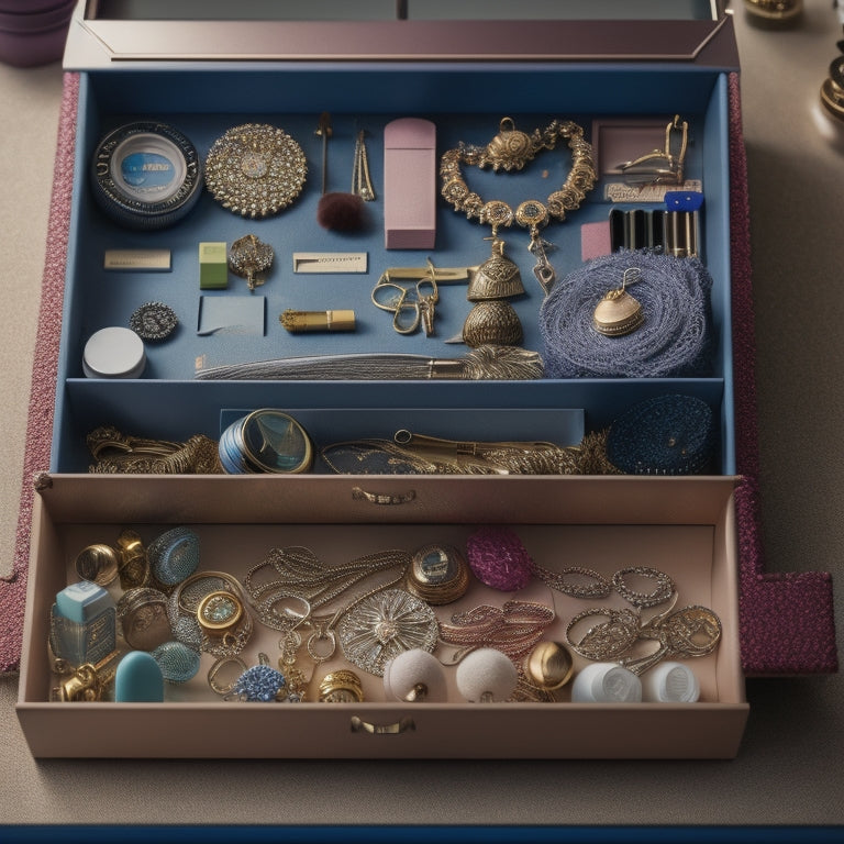 A cluttered small drawer with tangled jewelry, overflowing makeup, and scattered papers, contrasted with a tidy, organized version featuring dividers, stackable trays, and a pegboard.