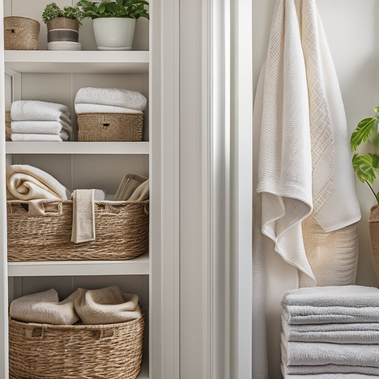 A serene, organized linen closet with soft, warm lighting, featuring stacked, labeled baskets, neatly folded towels, and crisp, white sheets on shelves, with a few potted plants on top.