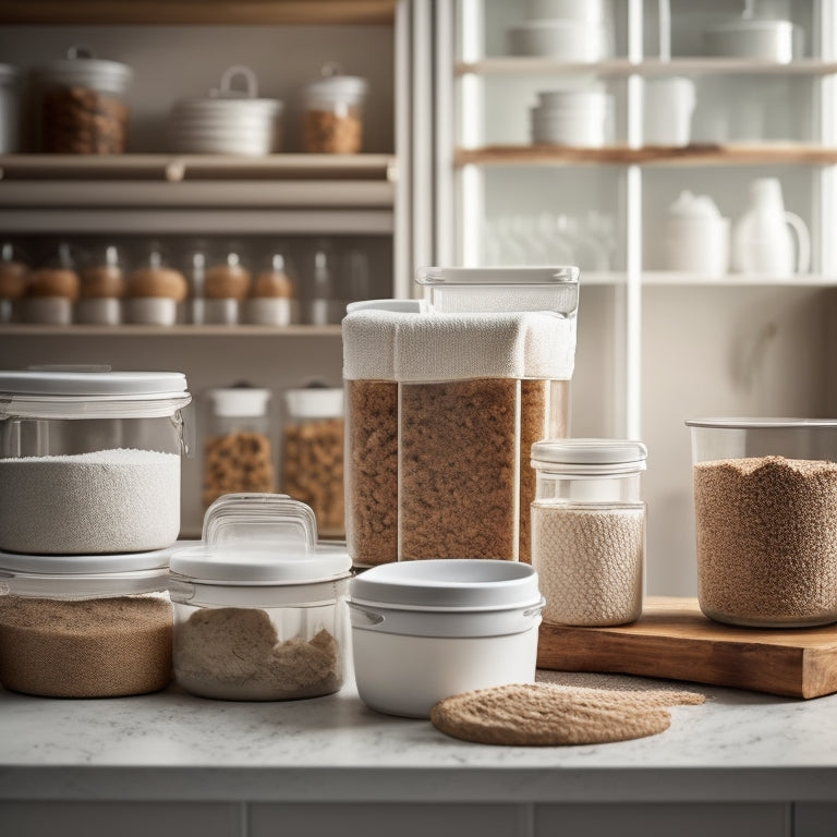 A tidy kitchen countertop with 5-7 stackable containers in various sizes, each filled with different types of flour, arranged in a harmonious gradient of white to brown hues.