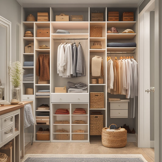 A serene, well-lit closet interior with various organizational systems: shelves, rods, bins, and drawers in different layouts, with a few stylish outfits and accessories scattered throughout.