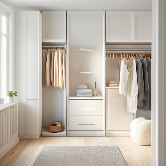A serene, minimalist closet interior with sleek white walls, light wood floors, and a few choice garments hung from IKEA Skadis rails, illuminated by soft, warm natural light filtering through a large window.