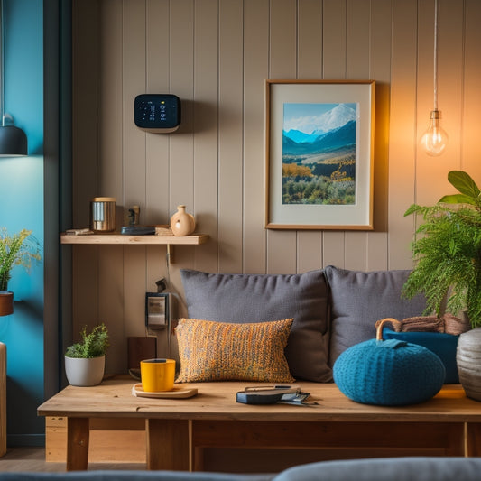 A cozy living room with a DIY smart home setup: a tablet-mounted wall panel, a smart thermostat, colorful wires, and a few tools scattered on a wooden workbench in the corner.