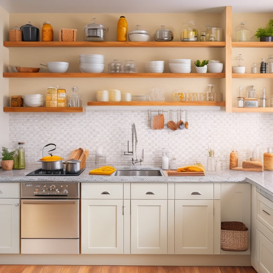 A tidy, L-shaped kitchen with white cabinets, stainless steel appliances, and warm wood countertops, featuring a pegboard with utensils, a spice rack, and a utensil organizer on the counter.