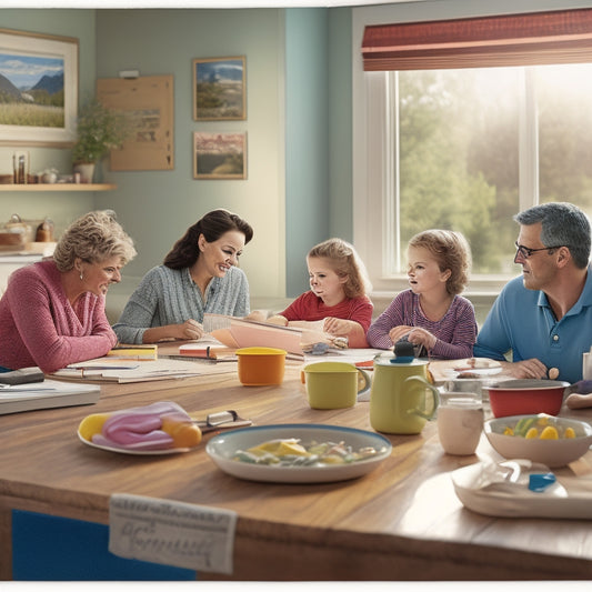 A colorful illustration of a family gathered around a kitchen table, surrounded by school supplies and a large, blank calendar, with a subtle background of a sunny day or a cozy home.