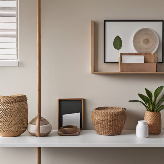 A serene, minimalist room with a murphy desk, a woven basket filled with rolled-up papers, and a sleek, wall-mounted shelf holding a few, carefully selected decorative items.