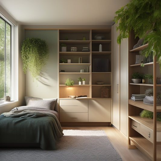 A tidy, minimalist room with a Murphy bed, slide-out shelves, and a hidden desk, surrounded by lush greenery, with soft, warm lighting and a calming color palette.