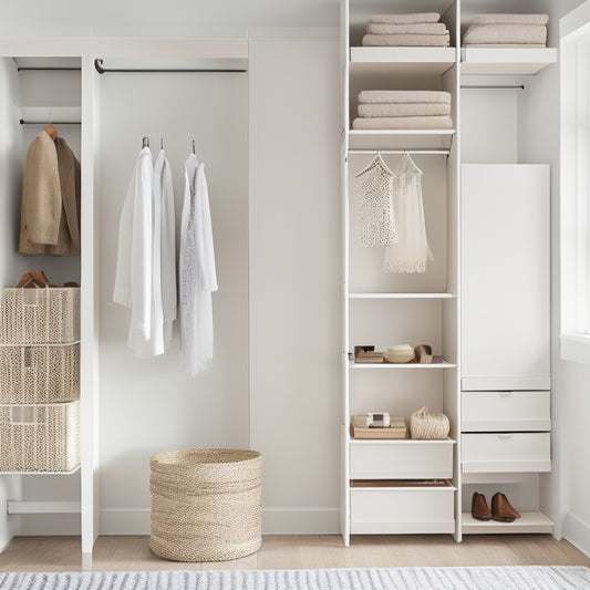 A serene, minimalist closet with a soft, creamy white backdrop, featuring a double rod with neatly hung clothes, a few woven baskets, and a sleek, modern shelving unit with stacked storage bins.