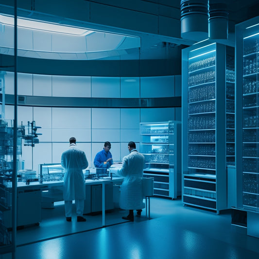 A futuristic laboratory with rows of sleek workstations, technicians in white coats examining tape reels under magnifying glasses, and a large, circular tape library in the background with glowing blue lights.