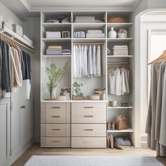 A serene, well-organized closet interior with soft, natural light, featuring a combination of minimalist shelves, drawers, and rods in a calming color palette, with a few neatly arranged clothing items and accessories.