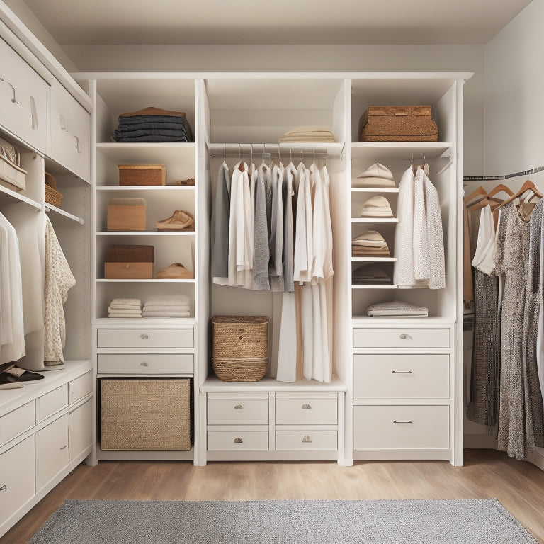 A serene, well-lit closet interior with sleek, wall-mounted shelves, baskets, and drawers in a calming white and wood tone color scheme, showcasing organized clothing and accessories.