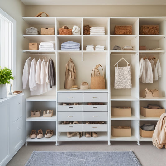 A serene, whitewashed closet interior with sleek, minimalist shelving, baskets, and bins, showcasing a compact, organized space with a few strategically hung garments and a few pairs of shoes neatly arranged.