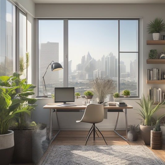 A serene, clutter-free home office with a tidy desk, organized bookshelves, and a few potted plants, illuminated by natural light pouring in through a large window with a subtle San Diego cityscape view.