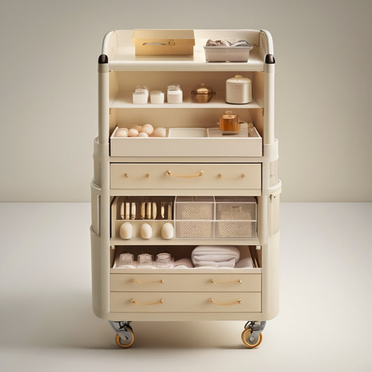 A tidy, beige-colored cart with 5-7 small, transparent drawers of varying sizes, each containing neatly arranged small items like buttons, safety pins, and beads, against a soft, creamy background.